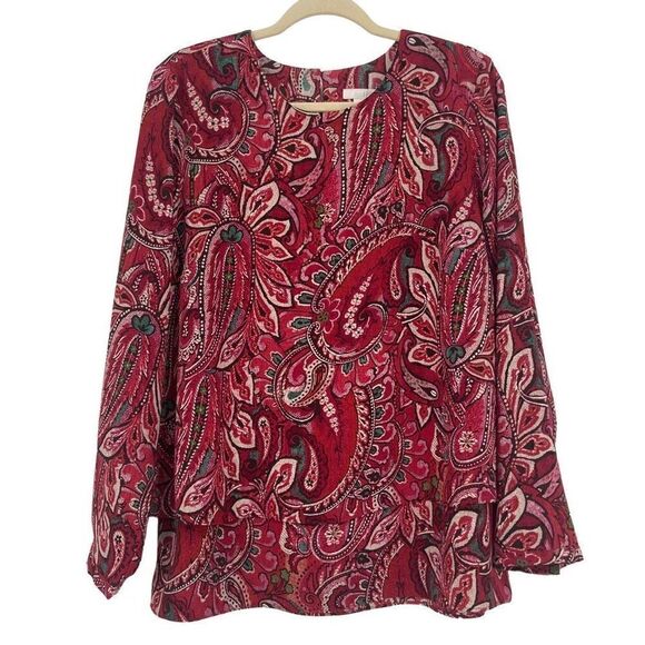 J. Jill Layered Paisley Long Sleeves Tunic Red Medium - Picture 2 of 11
